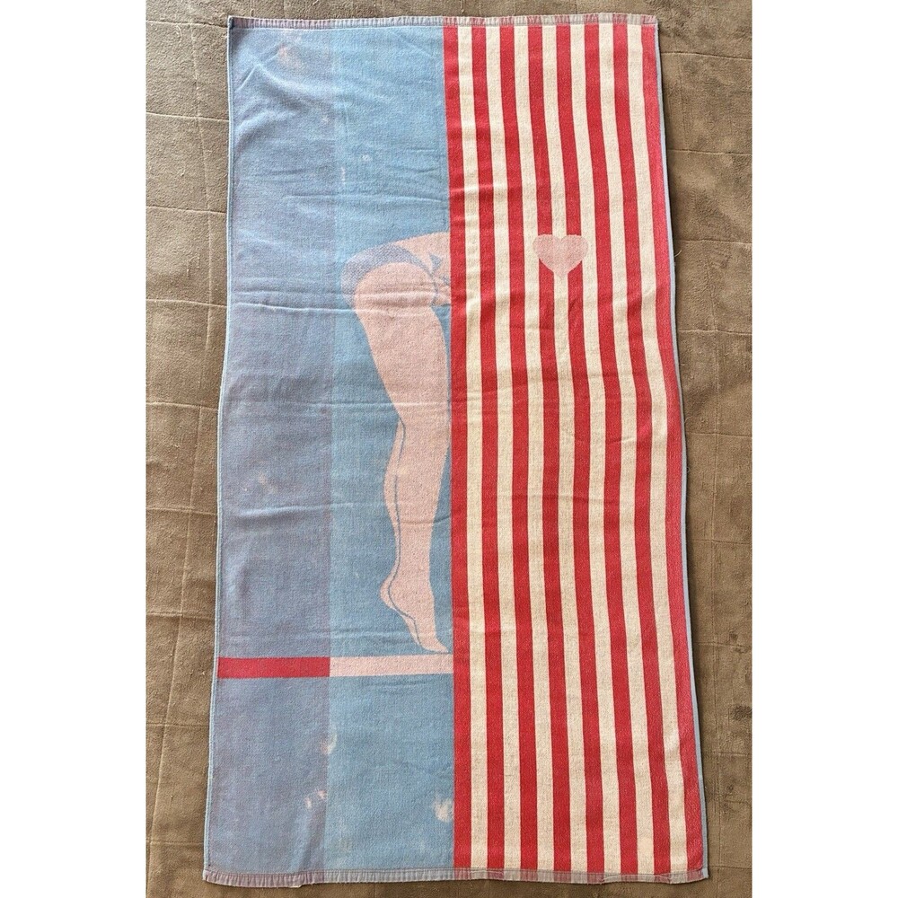 VTG Ipanema Cecil Saydah Pool Beach Towel Red White Blue Heart Stripes *READ*